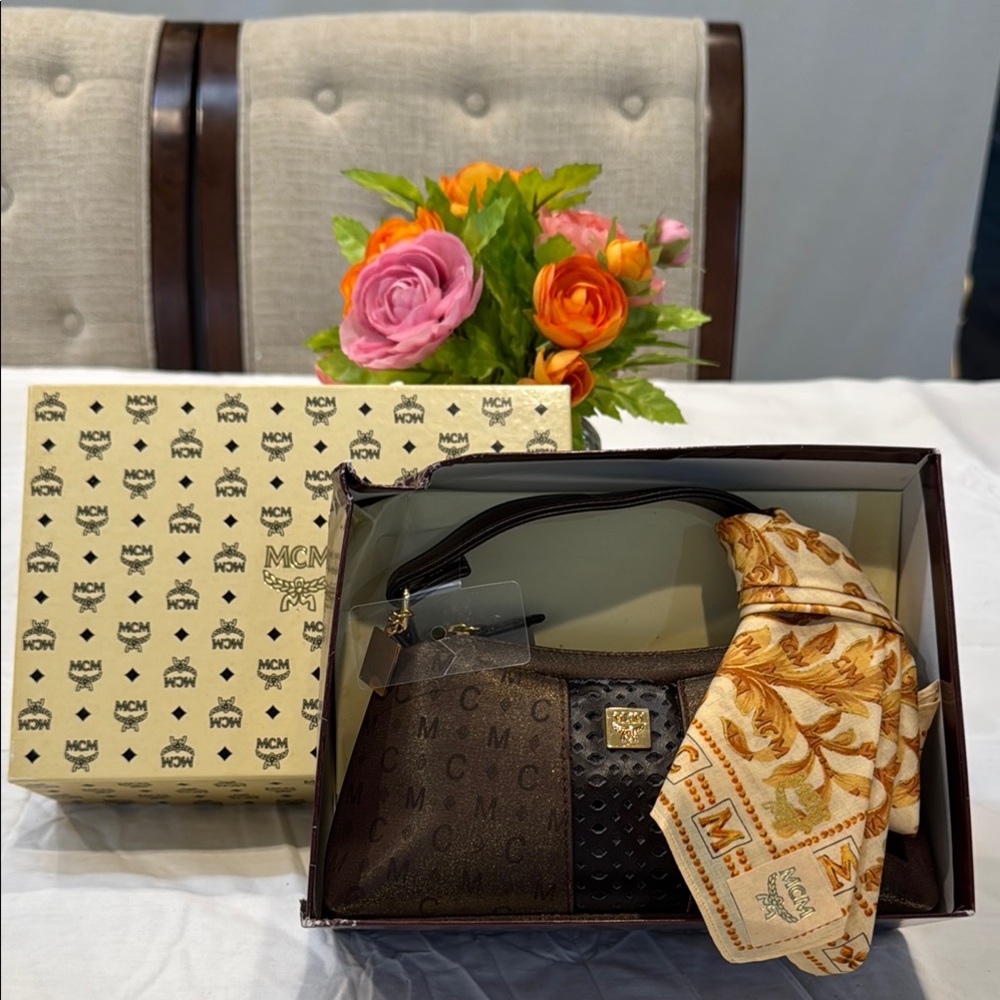 New MCM Brown Monogram Handbag with Scarf